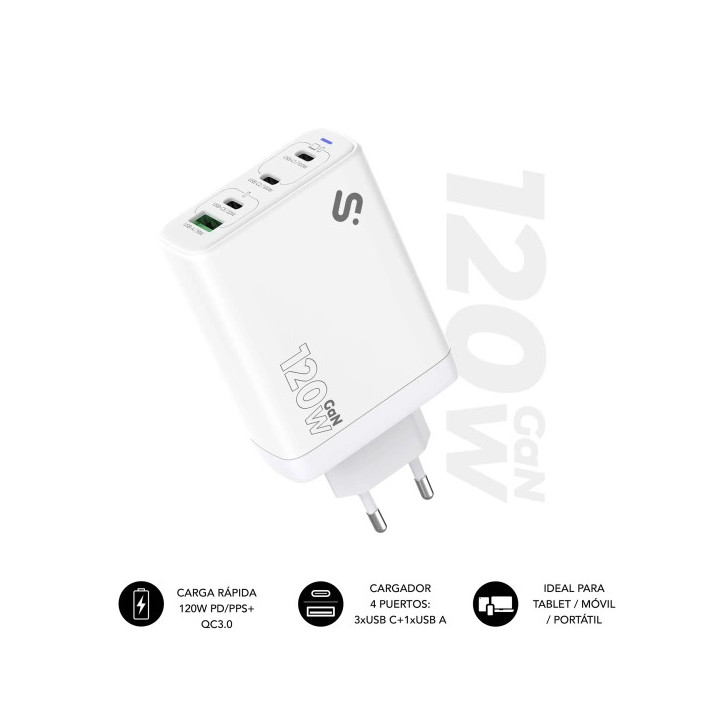 Subblim Cargador de Pared GaN 120W - 4 Puertos (3xUSB-C + 1xUSB-A) -  Carga ultra rápida - Color Blanco