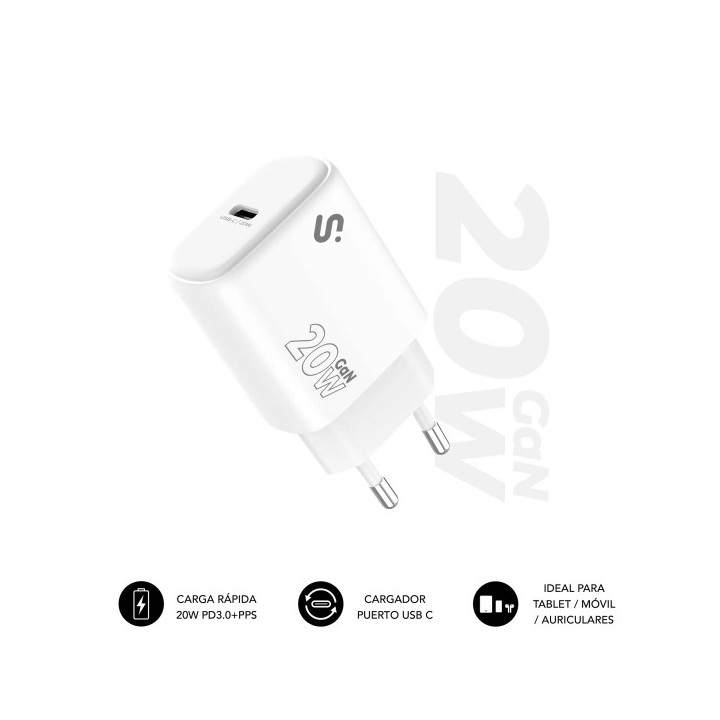 Subblim Cargador de Pared GaN 20W - USB-C -  Carga rápida - Color Blanco