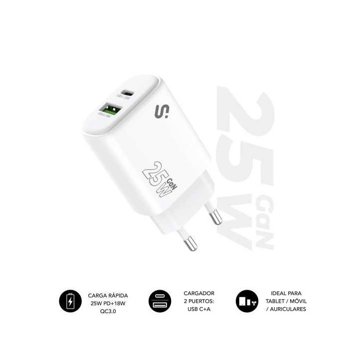 Subblim Cargador de Pared GaN 25W - USB-C + USB-A -  Carga rápida - Color Blanco