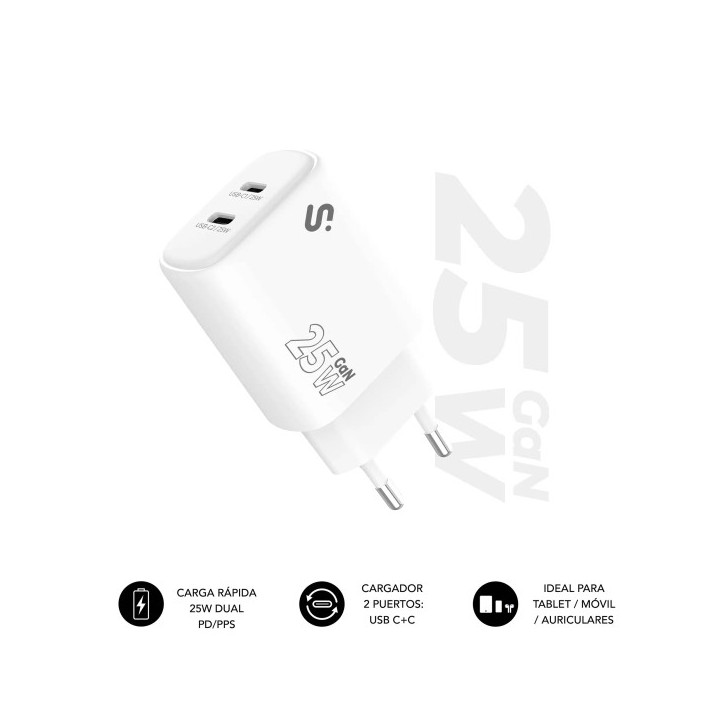 Subblim Cargador de Pared GaN 25W - 2xUSB-C -  Carga rápida - Color Blanco