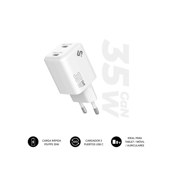 Subblim Cargador de Pared GaN 35W - 2xUSB-C -  Carga rápida - Color Blanco