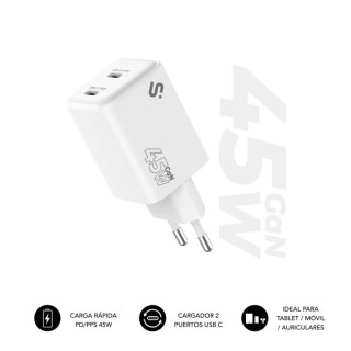 Subblim Cargador de Pared GaN 45W - 2xUSB-C -  Carga Ultra rápida - Color Blanco