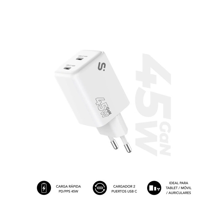 Subblim Cargador de Pared GaN 45W - 2xUSB-C -  Carga Ultra rápida - Color Blanco