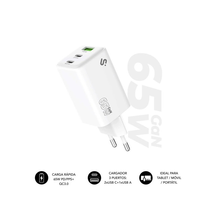 Subblim Cargador de Pared GaN 65W - 3 Puertos (2xUSB-C + 1xUSB-A) -  Carga ultra rápida - Color Blanco