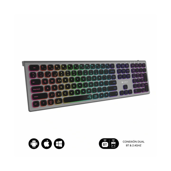 Subblim Teclado Inalambrico Master - Bluetooth y 2.4G - Iluminado - Teclas Ergonomicas de Bajo Perfil - Color Gris Negro