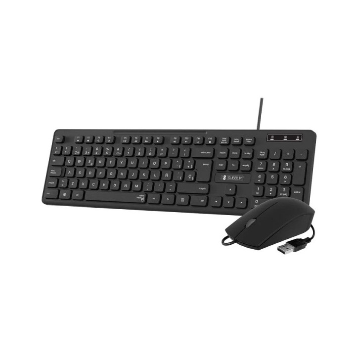 Subblim Combo Business Slim Silencioso con Cable USB - Teclado y Raton - Teclas Ergonomicas de Bajo Perfil - Resistente a Derra