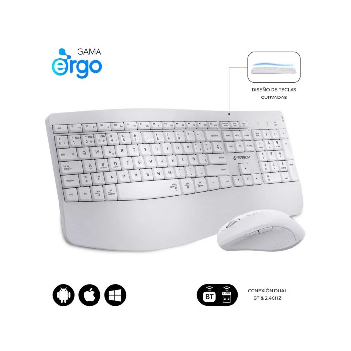 Subblim Dual Office Prowave White Pack de Teclado Ergonomico + Raton 3200dpi Inalambricos Bluetooth 5.3 y Receptor USB - Bateri