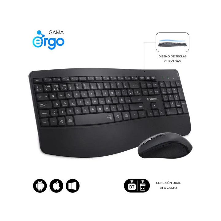 Subblim Dual Office Prowave Black Pack de Teclado Ergonomico + Raton 3200dpi Inalambricos Bluetooth 5.3 y Receptor USB - Bateri