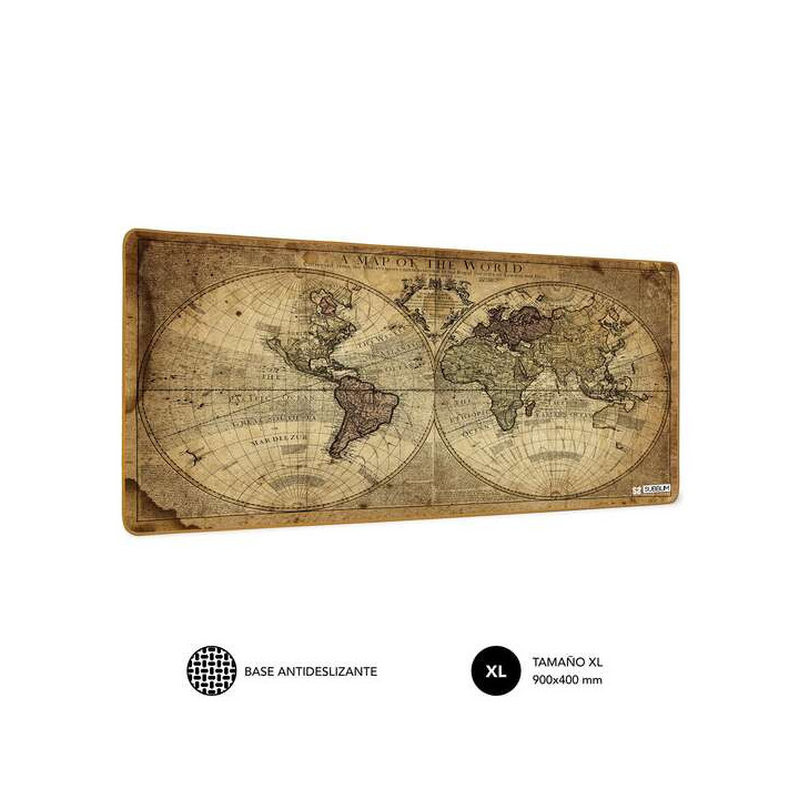Subblim Alfombrilla de Escritorio Mapa Del Mundo Vintage - Tamaño 900x400x3mm - Espacio para Raton y Teclado - Resistente al A