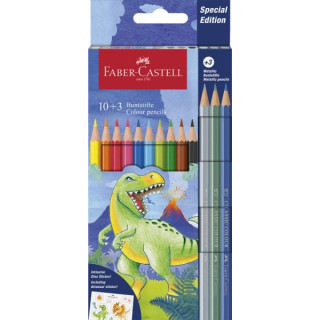 Faber-Castell Edicion Dinosaurios Pack de 13 Lapices de Colores Hexagonales - 10 Colores Clasicos + 3 Colores Metalizados - Inc