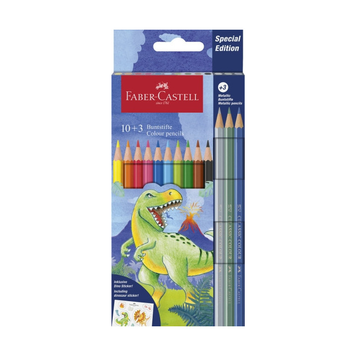Faber-Castell Edicion Dinosaurios Pack de 13 Lapices de Colores Hexagonales - 10 Colores Clasicos + 3 Colores Metalizados - Inc