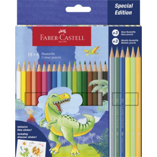 Faber-Castell Edicion Dinosaurios Pack de 24 Lapices de Colores Hexagonales - 18 Colores Clasicos + 3 Colores Neon + 3 Colores