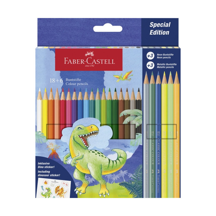 Faber-Castell Edicion Dinosaurios Pack de 24 Lapices de Colores Hexagonales - 18 Colores Clasicos + 3 Colores Neon + 3 Colores