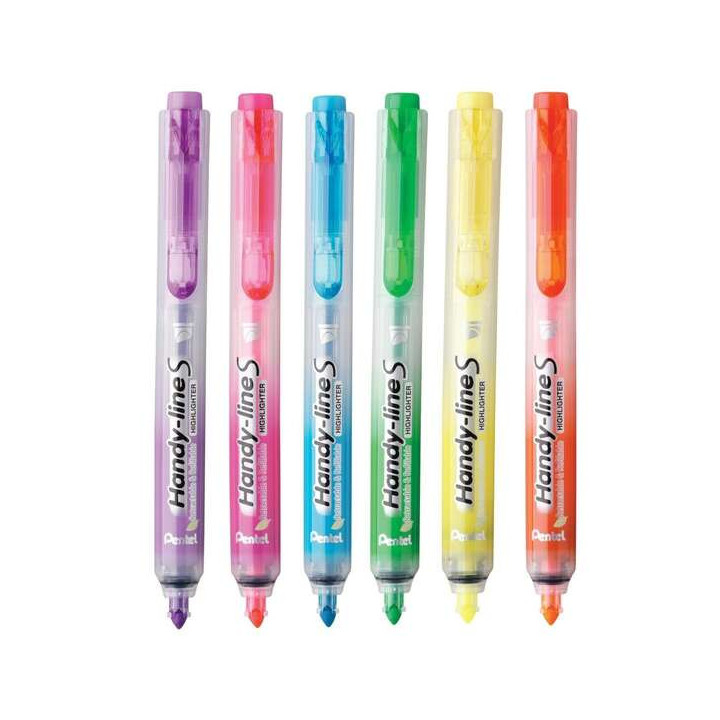 Pentel Handy Line S Pack de 6 Marcadores Fluorescentes Retractiles - Tinta Liquida - Trazo de 1.6 a 3mm - Formato Fino con Clip
