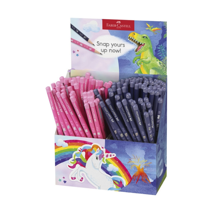 Faber-Castell Expositor de 144 Lapices de Grafito HB - Diseños con Motivos de Dinosaurios y Unicornios - Colores Surtidos