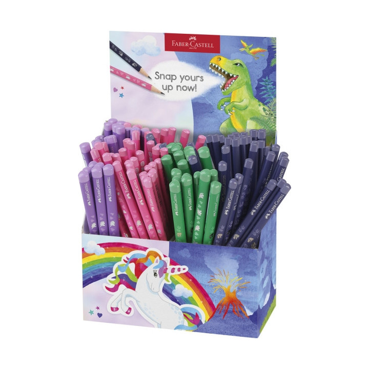Faber-Castell Expositor de 120 Lapices de Grafito HB - Diseños con Motivos de Dinosaurios y Unicornios - Colores Surtidos