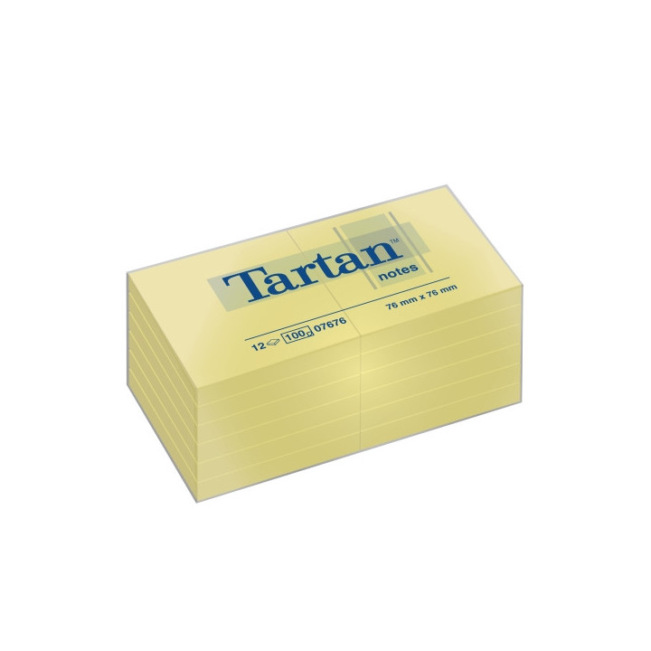 Tartan Pack de 12 Blocs de 100 Notas Adhesivas Reposicionables - 76x76mm - 100% PEFC - Color Amarillo Claro