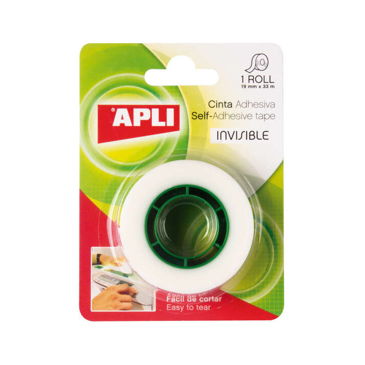 Apli Cinta Adhesiva Invisible 19mm x 33m - Facil de Cortar - Resistente - Ideal para Uso en Oficina - Transparente