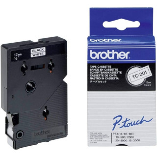 Brother TC201 Cinta Laminada Original para Rotuladora - Texto Negro sobre Fondo Blanco - Ancho 12mm x 7 metros