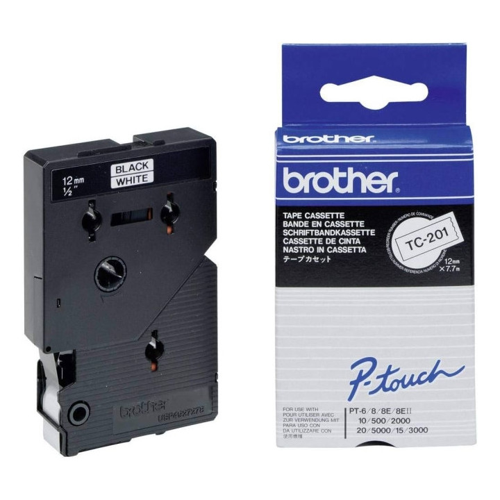 Brother TC201 Cinta Laminada Original para Rotuladora - Texto Negro sobre Fondo Blanco - Ancho 12mm x 7 metros