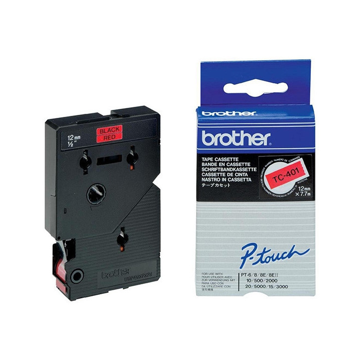 Brother TC401 Cinta Laminada Original para Rotuladora - Texto Negro sobre Fondo Rojo - Ancho 12mm x 7 metros