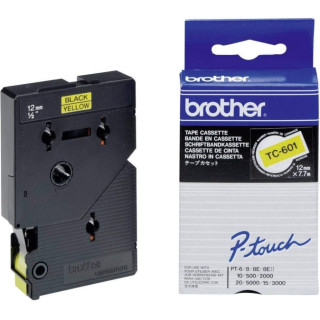 Brother TC601 Cinta Laminada Original para Rotuladora - Texto Negro sobre Fondo Amarillo - Ancho 12mm x 7 metros