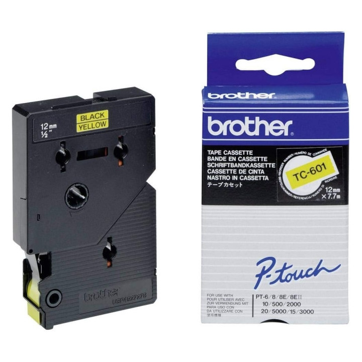 Brother TC601 Cinta Laminada Original para Rotuladora - Texto Negro sobre Fondo Amarillo - Ancho 12mm x 7 metros