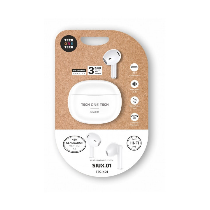 TechOneTech Auriculares Inalambricos Bluetooth - Hasta 20h de Reproduccion - IPX5 - Color Blanco