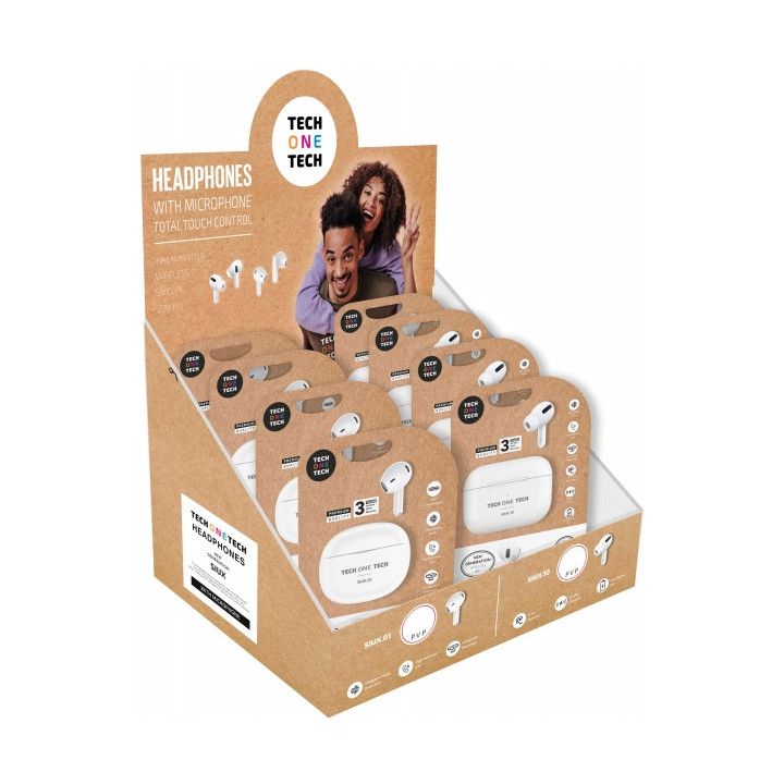 TechOneTech Expositor de 8 Auriculares Inalambricos Bluetooth TWS - Sonido HI-FI - 4 Modelos con Almohadilla y 4 Modelos sin Al