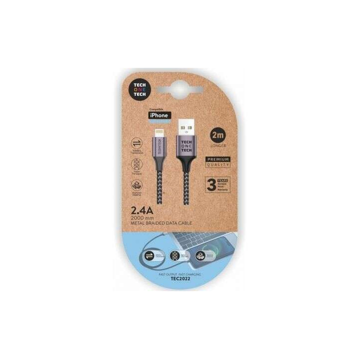 TechOneTech Cable USB-A Macho a Lightning Macho 2m - Recubierto de Nylon Trenzado