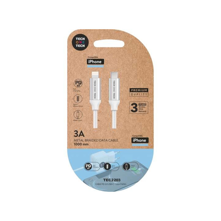 TechOneTech Cable USB-C PD 3.0 Macho a Lightning Macho 1m - Recubierto de Nylon Trenzado
