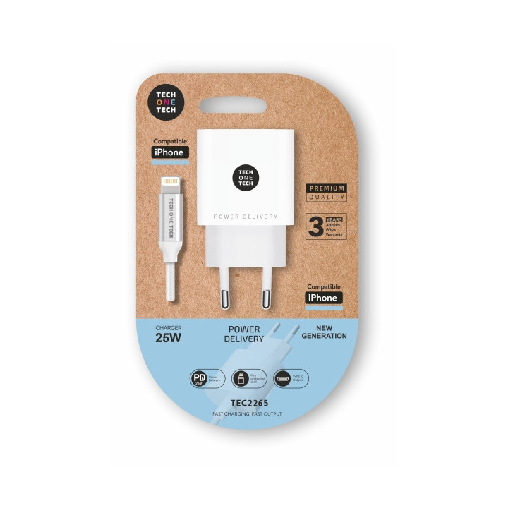 TechOneTech Cargador de Pared PD 25W + Cable USB-C a Lightning