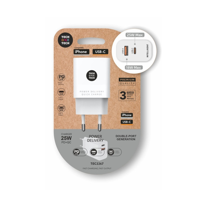 TechOneTech Cargador de Pared PD + QC 25W 1 Puerto USB-C 3A + 1 Puerto USB-A