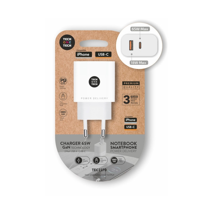 TechOneTech Cargador de Pared PD 65W con 1 Puerto USB-C + 1 Puerto USB-A