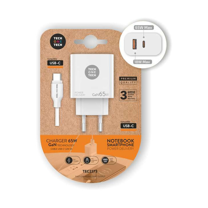 TechOneTech Cargador de Pared GaN PD 3.0 65W - Para Portatiles y Smartphones - Cable USB-C a USB-C 1m