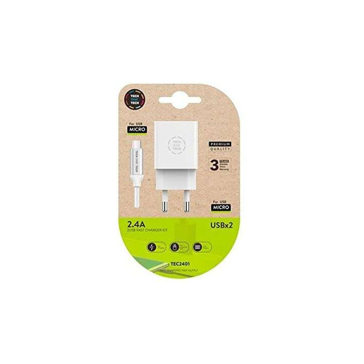TechOneTech Cargador Doble de Pared + Cable USB-A a Micro-USB 2.4 1m - Recubierto de Nylon Trenzado