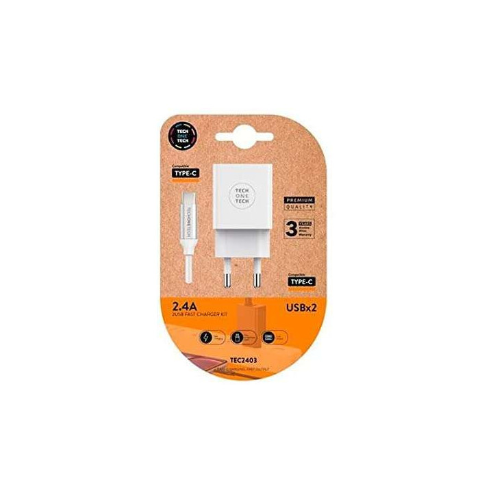 TechOneTech Cargador Doble de Pared + Cable USB-A a USB-C 1m - Recubierto de Nylon Trenzado