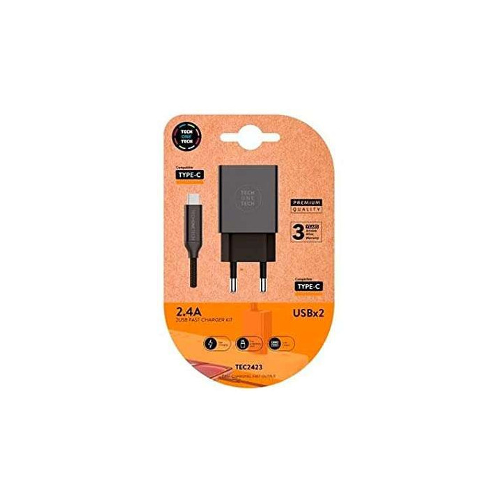 TechOneTech Cargador Doble de Pared + Cable USB-A a USB-C 1m - Recubierto de Nylon Trenzado