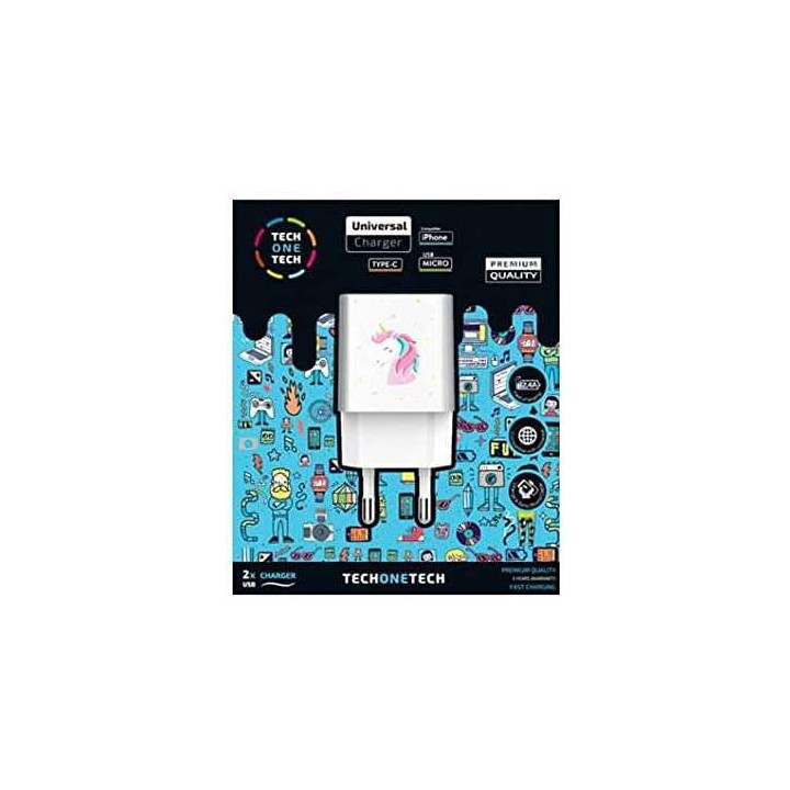 TechOneTech Unicornio Dream Cargador Doble de Pared USB-A - Alto Rendimiento