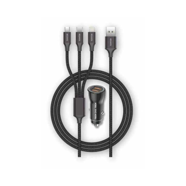 TechOneTech Cargador de Coche 2x USB-A + Cable 3 en 1 MicroUSB
