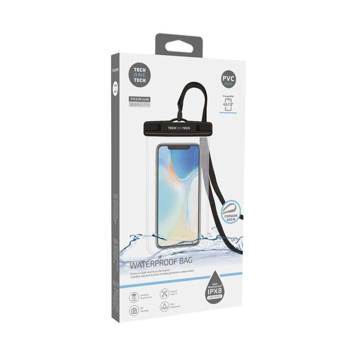 TechOneTech Funda Impermeable para Smartphone hasta 7" - Con Colgante - Resistencia IPX8 - Fabricada en PVC