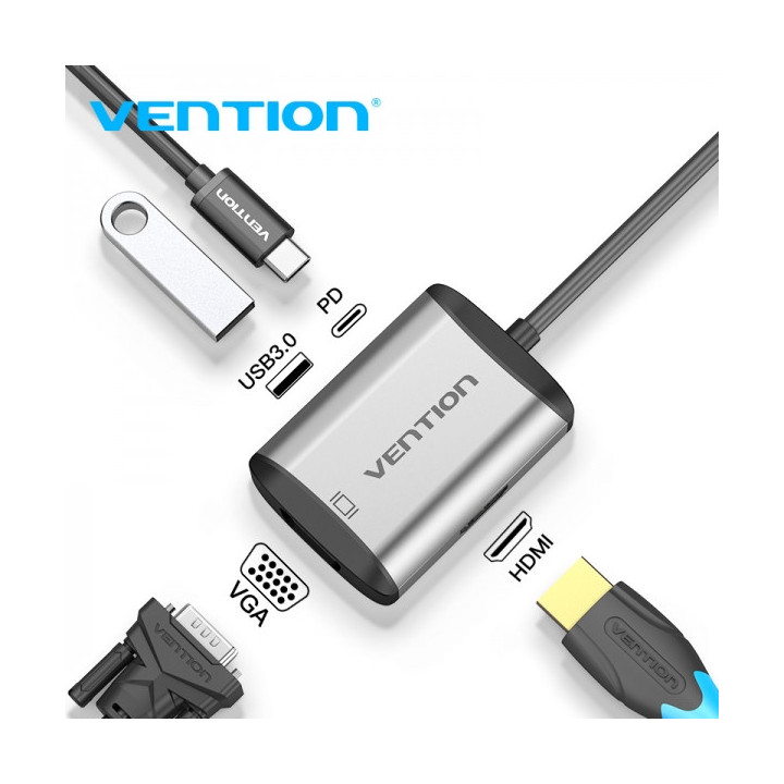 Vention Docking Station 4 en 1 USB-C a HDMI/VGA/USB3.0/PD87W - 0.15m - Color Gris