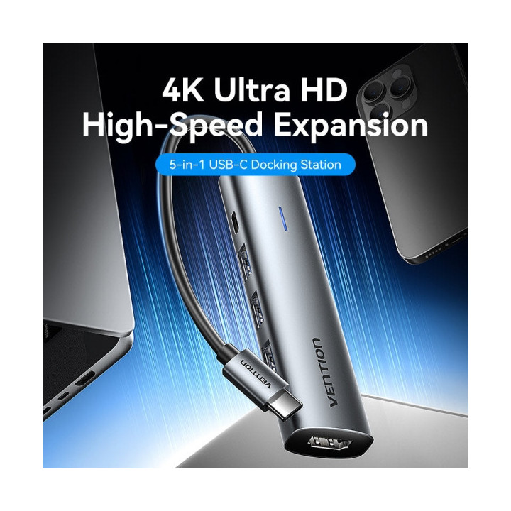 Vention Docking Station 5 en 1 USB-C a HDMI/3xUSB3.0/USB-C PD 100W - 0.15m - Color Gris