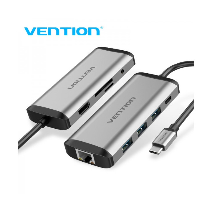 Vention Docking Station 9 en 1 USB-C a HDMI 4K/3xUSB 3.0/RJ45/Lector SD/MicroSD/Jack Audio/PD 87W - 0.15m - Color Gris