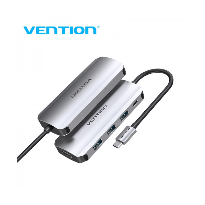 Vention Docking Station 5 en 1 USB-C a HDMI 4K/3xUSB3.0/PD - 0.15m - Color Gris Metalizado