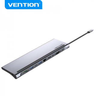 Vention Docking Station 11 en 1 USB-C a HDMI/VGA/USB-C/USB 3.0x2/USB2.0/RJ45/SD/TF/Audio Jack/PD100W - 0.25m - Color Gris Metal