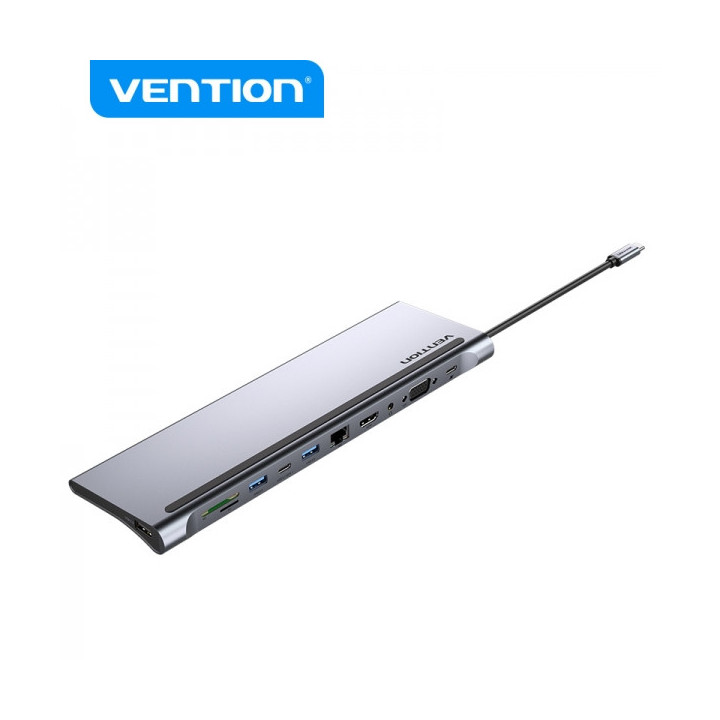 Vention Docking Station 11 en 1 USB-C a HDMI/VGA/USB-C/USB 3.0x2/USB2.0/RJ45/SD/TF/Audio Jack/PD100W - 0.25m - Color Gris Metal