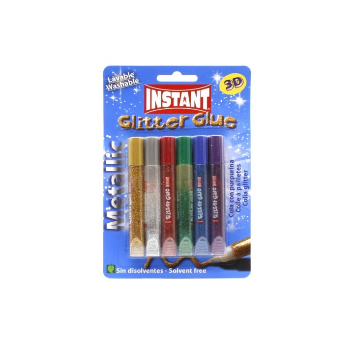 Instant Glitter Glue Metallic Pack de 6 Tubos de Pegamento con Purpurina 10.5ml - Para Distintas Superficies - Sin Disolventes