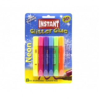 Instant Glitter Glue Neon Pack de 6 Tubos de Pegamento con Purpurina 10.5ml - Para Distintas Superficies - Sin Disolventes - Co
