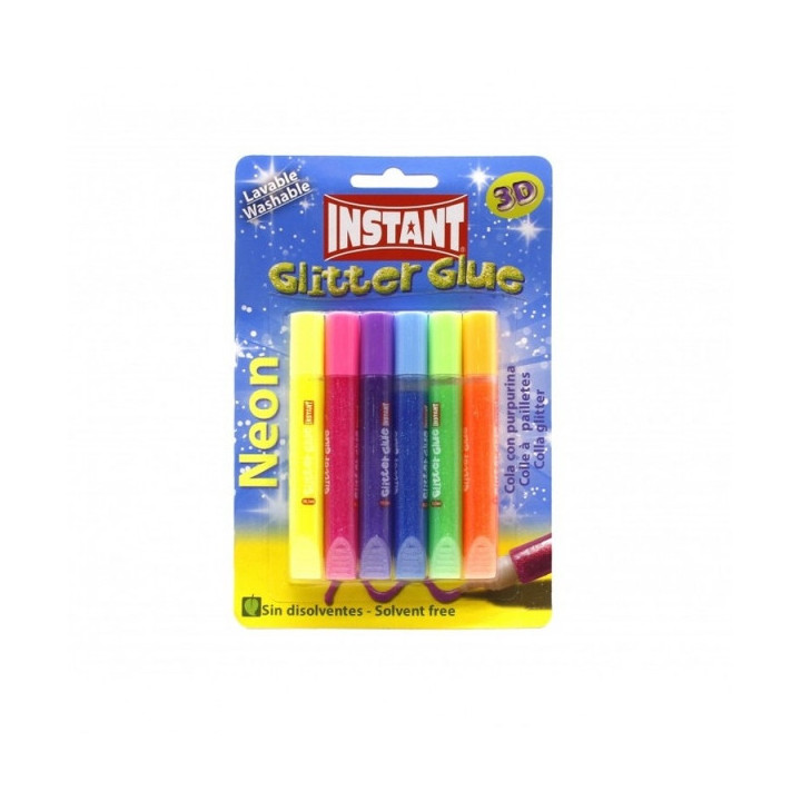 Instant Glitter Glue Neon Pack de 6 Tubos de Pegamento con Purpurina 10.5ml - Para Distintas Superficies - Sin Disolventes - Co